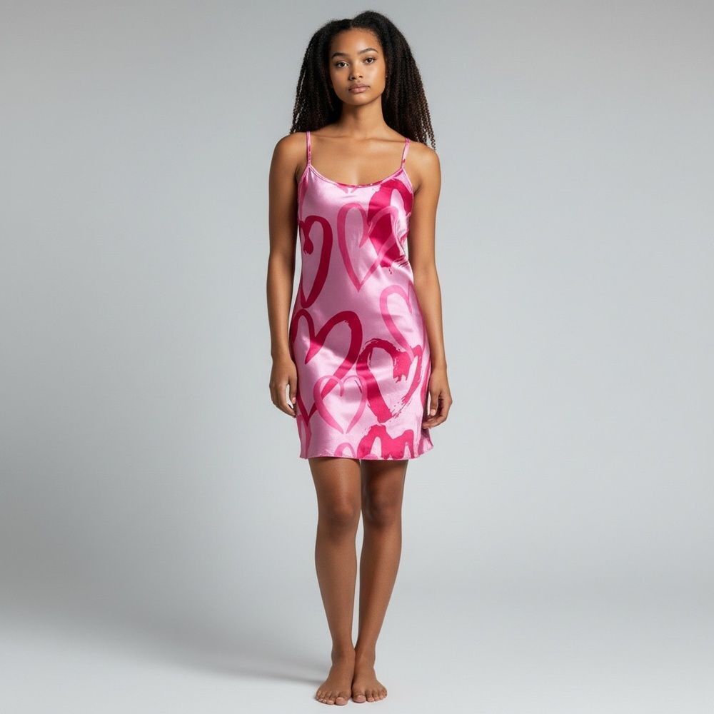 NWOT Pink Heart Print Nightgown Slip Dress Adjustable spaghetti Straps Size XL